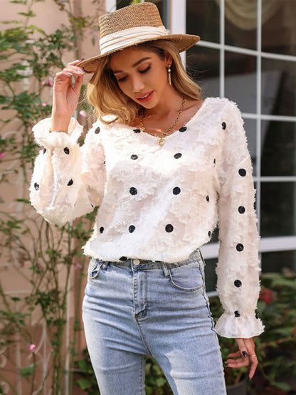 Blouses- Polka Dot Fuzzy Blouse - Flounce Sleeve Ruffle Top- Cracker khaki- Pekosa Women Clothing