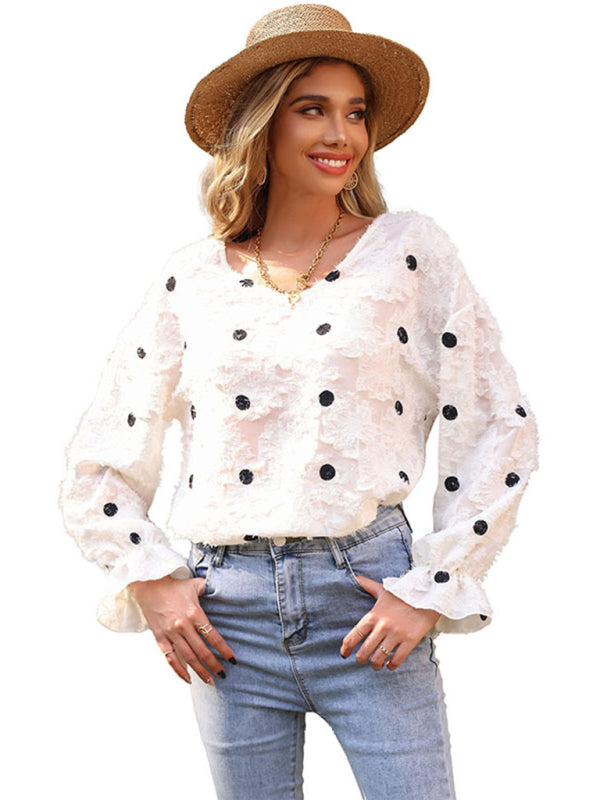 Blouses- Polka Dot Fuzzy Blouse - Flounce Sleeve Ruffle Top- - Pekosa Women Clothing