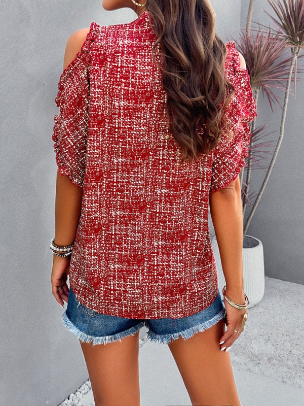 Blouses- Printed Cold Shoulder V-Neck Blouse Top with Frill Accents- - IndioGear Fashion and Gear