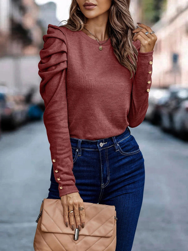 Blouses- Puff Sleeve Blouse - Fall Pleated Fitted Top- - IndioGear Fashion and Gear