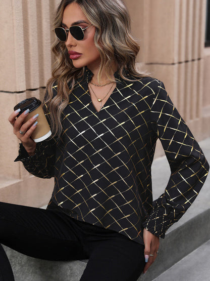 Blouses- Radiant Classy Elegant Gold Print V-Neck Blouse with Delicate Frills- - IndioGear Clothing and Gear