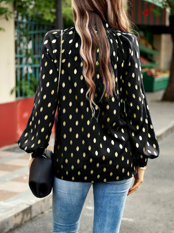 Blouses- Radiate Elegance with our Gold Polka Dotted Choker Neck Tunic Top!- - IndioGear Fashion and Gear