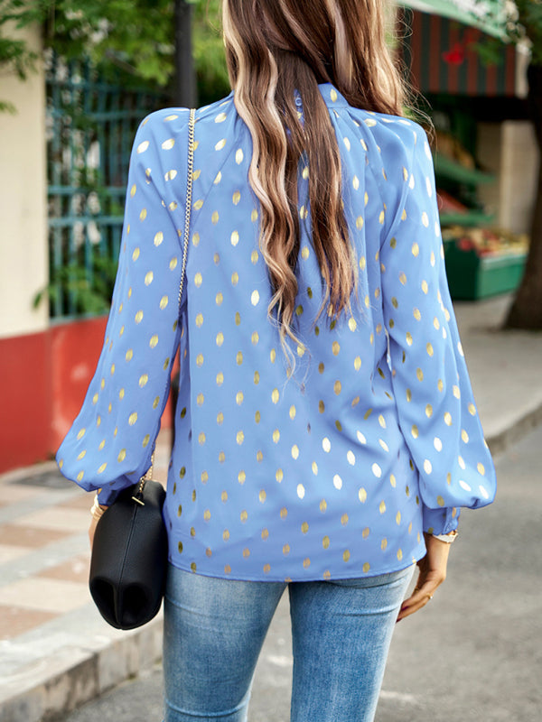 Blouses- Radiate Elegance with our Gold Polka Dotted Choker Neck Tunic Top!- - IndioGear Fashion and Gear