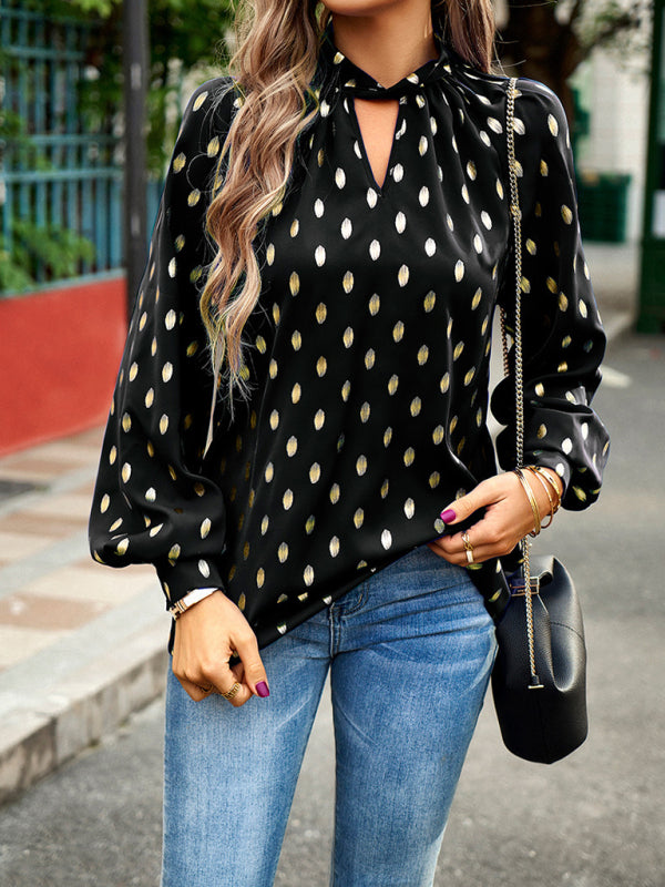 Blouses- Radiate Elegance with our Gold Polka Dotted Choker Neck Tunic Top!- - IndioGear Fashion and Gear