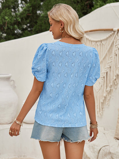 Romantic V-Neck Blouse | Textured Love Theme Puff Sleeve Top