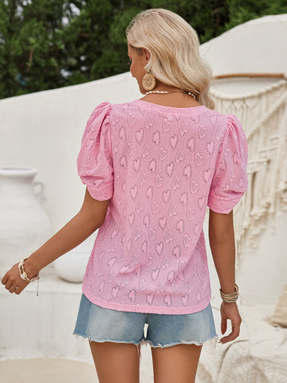 Romantic V-Neck Blouse | Textured Love Theme Puff Sleeve Top