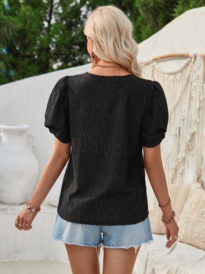 Romantic V-Neck Blouse | Textured Love Theme Puff Sleeve Top