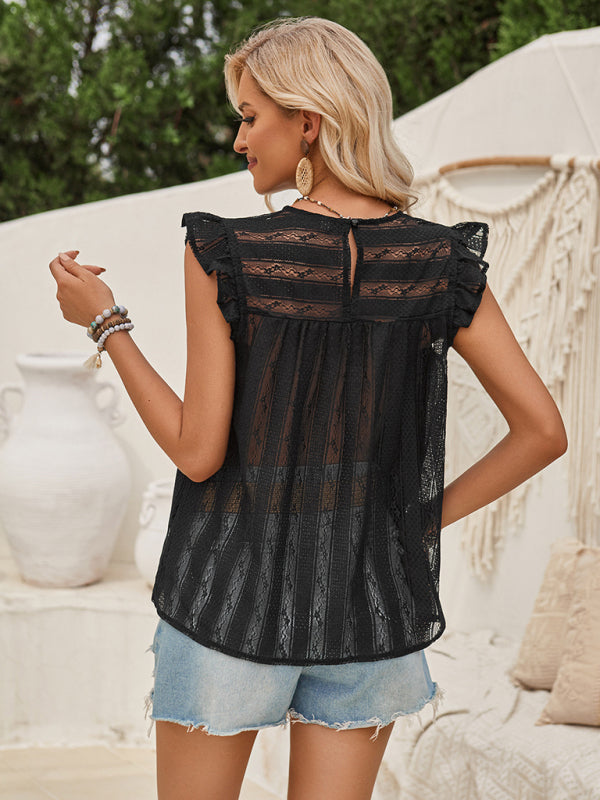 Ruffle Accents Blouse | Textured Crew Neck Sleeveless Top for Spring