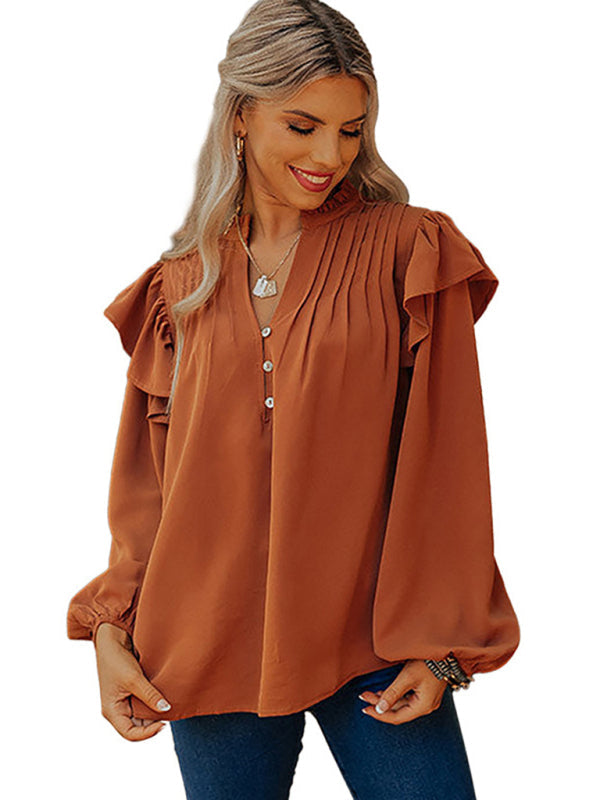 Blouses-Ruffle Accents Long Sleeve Blouse | Button-Up Bishop Sleeve Top-Pekosa Women Clothing