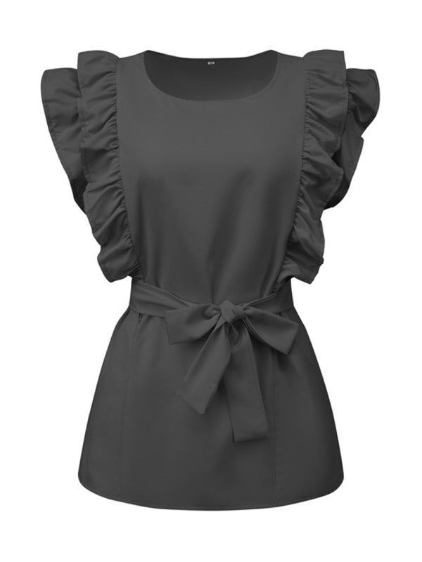 Blouses- Ruffle Belted Blouse- - IndioGear Fashion and Gear