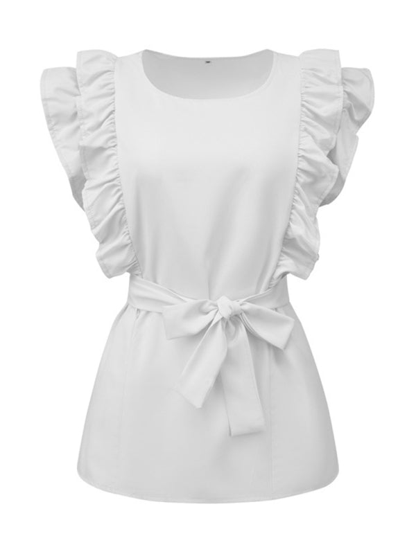 Blouses- Ruffle Belted Blouse- - IndioGear Fashion and Gear