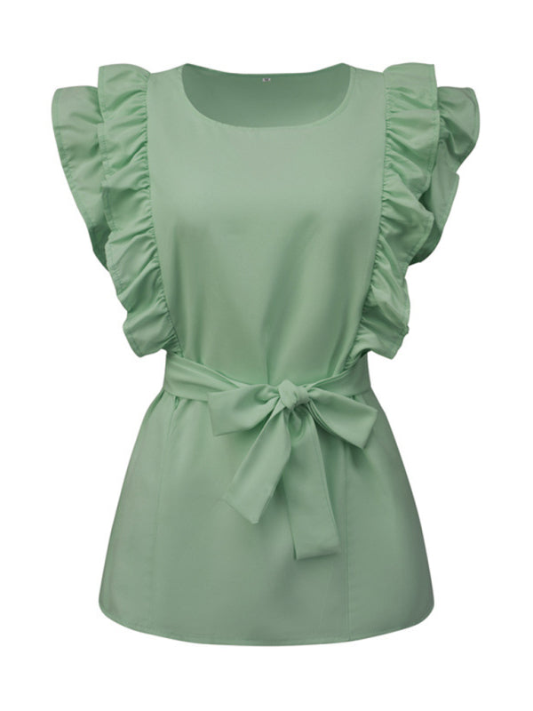 Blouses- Ruffle Belted Blouse- - IndioGear Fashion and Gear