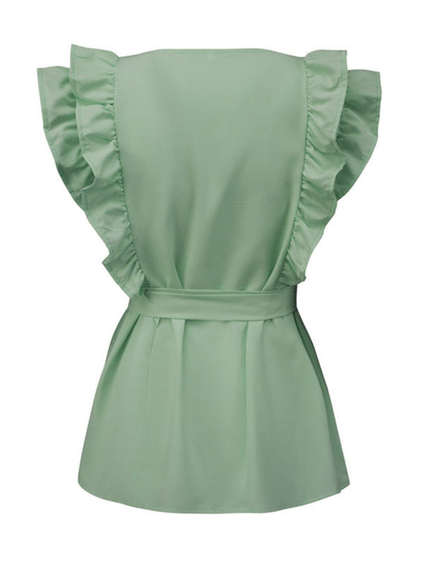 Blouses- Ruffle Belted Blouse- - IndioGear Fashion and Gear