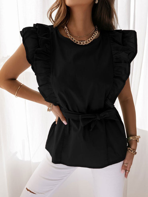 Blouses- Ruffle Belted Blouse- Black- IndioGear Fashion and Gear