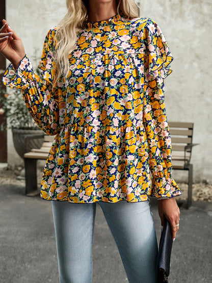 Blouses- Ruffle Collar Floral Blouse - Tiered Accents, Long Sleeve Top- Yellow- Pekosa Women Clothing