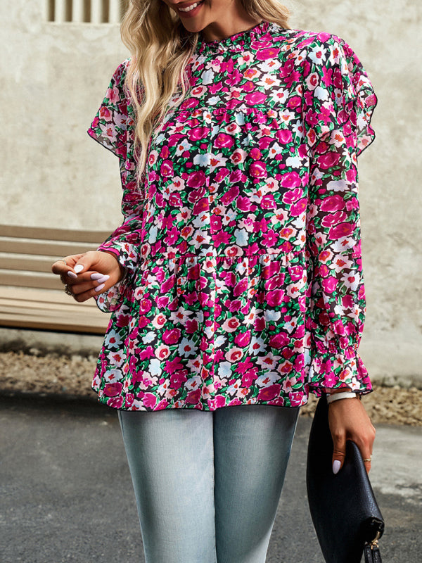 Blouses- Ruffle Collar Floral Blouse - Tiered Accents, Long Sleeve Top- - Pekosa Women Clothing