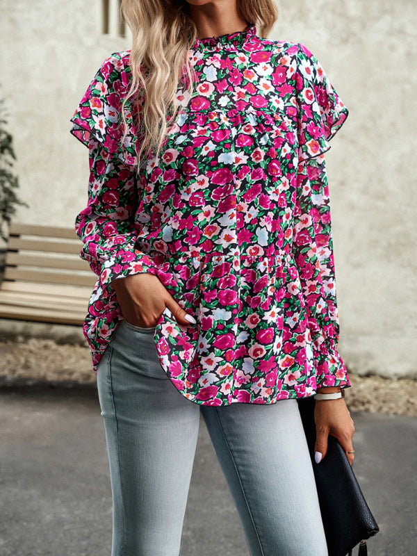 Blouses- Ruffle Collar Floral Blouse - Tiered Accents, Long Sleeve Top- - Pekosa Women Clothing