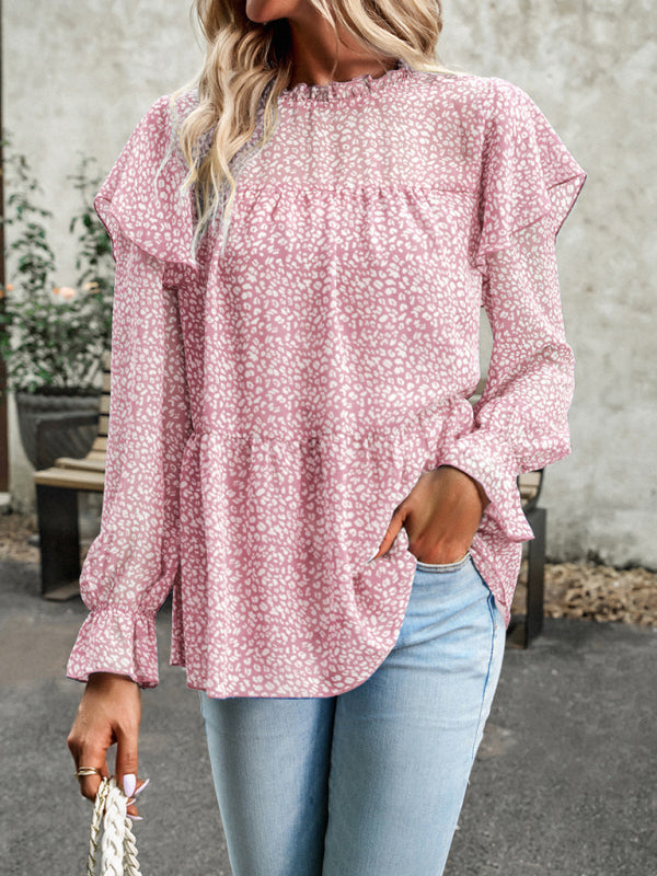 Blouses- Ruffle Collar Floral Blouse - Tiered Accents, Long Sleeve Top- Pink- Pekosa Women Clothing