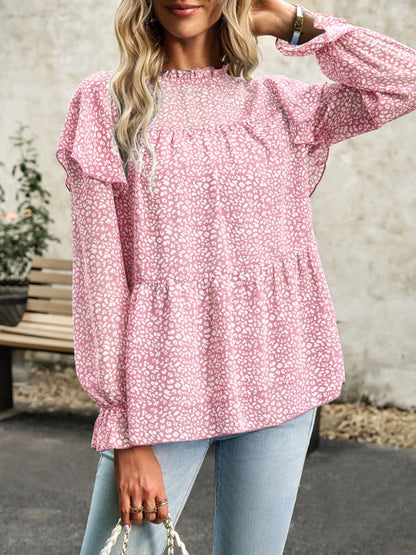 Blouses- Ruffle Collar Floral Blouse - Tiered Accents, Long Sleeve Top- - Pekosa Women Clothing