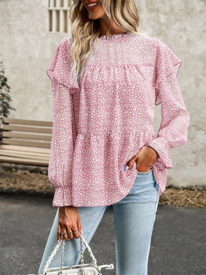 Blouses- Ruffle Collar Floral Blouse - Tiered Accents, Long Sleeve Top- - Pekosa Women Clothing