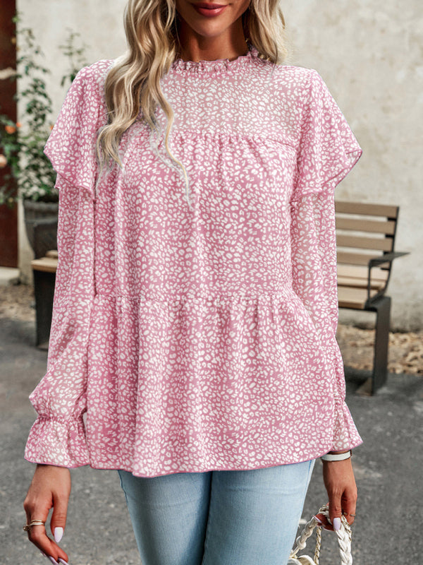 Blouses- Ruffle Collar Floral Blouse - Tiered Accents, Long Sleeve Top- - Pekosa Women Clothing