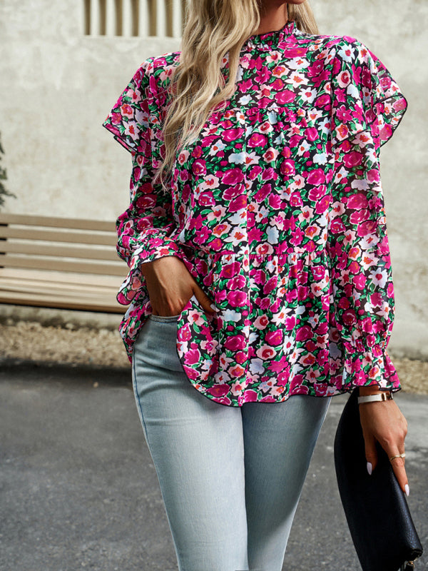 Blouses- Ruffle Collar Floral Blouse - Tiered Accents, Long Sleeve Top- - Pekosa Women Clothing