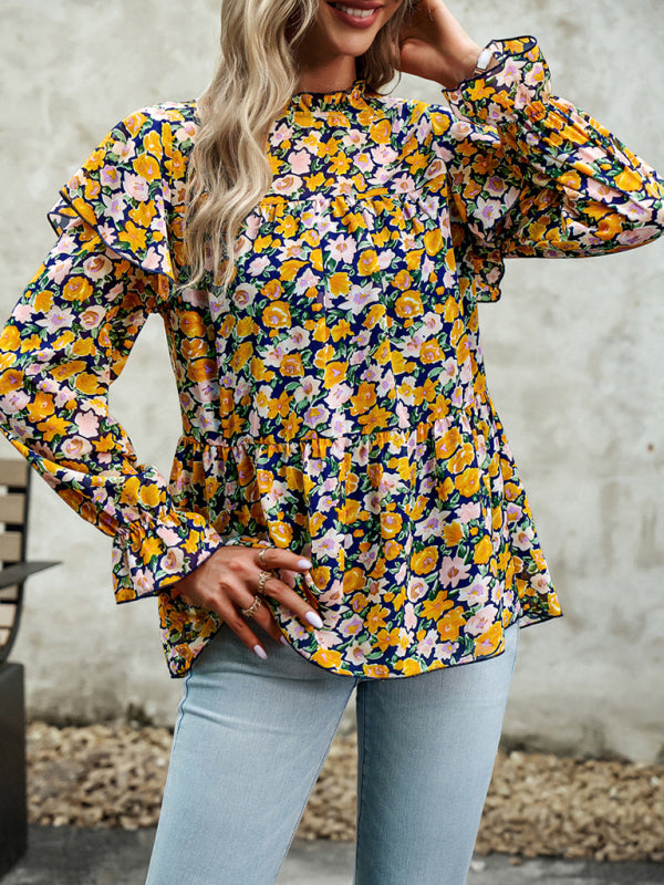 Blouses- Ruffle Collar Floral Blouse - Tiered Accents, Long Sleeve Top- - Pekosa Women Clothing