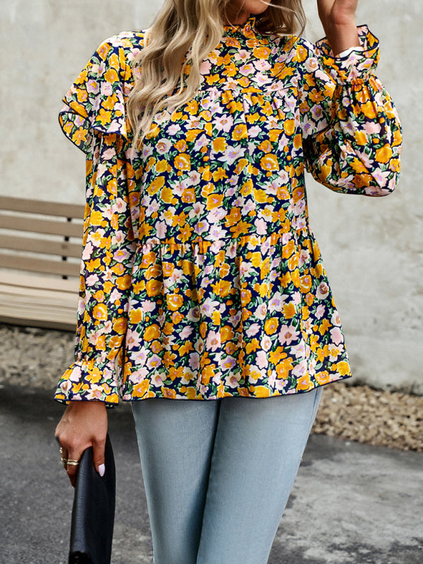 Blouses- Ruffle Collar Floral Blouse - Tiered Accents, Long Sleeve Top- - Pekosa Women Clothing