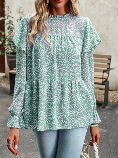 Blouses- Ruffle Collar Floral Blouse - Tiered Accents, Long Sleeve Top- Green- Pekosa Women Clothing