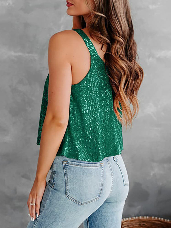 Blouses- Sequined Sleeveless Blouse - Sparkle Cami Flowy Top- - IndioGear Fashion and Gear