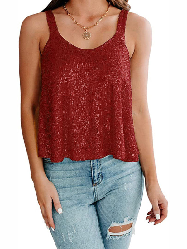 Blouses- Sequined Sleeveless Blouse - Sparkle Cami Flowy Top- - IndioGear Fashion and Gear