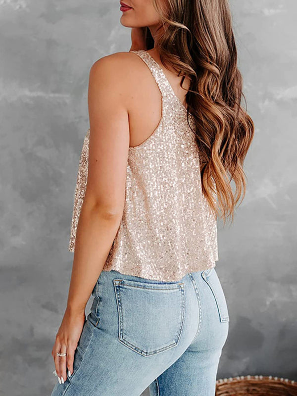 Blouses- Sequined Sleeveless Blouse - Sparkle Cami Flowy Top- - IndioGear Fashion and Gear