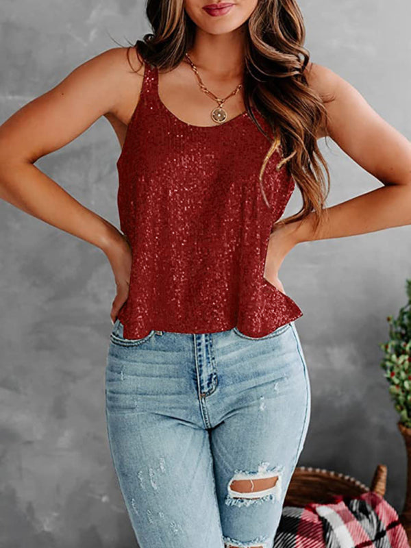 Blouses- Sequined Sleeveless Blouse - Sparkle Cami Flowy Top- - IndioGear Fashion and Gear