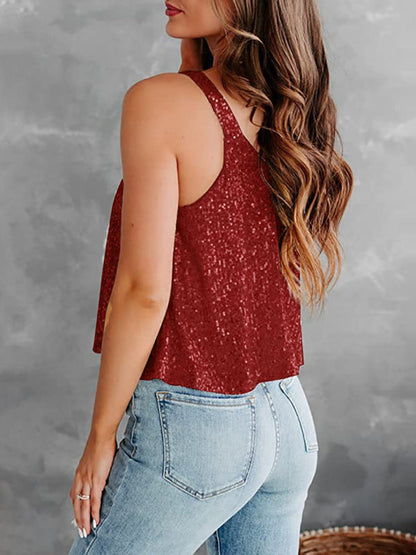 Blouses- Sequined Sleeveless Blouse - Sparkle Cami Flowy Top- - IndioGear Fashion and Gear