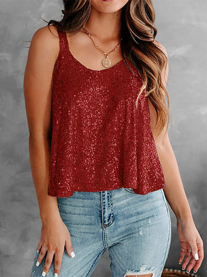 Blouses- Sequined Sleeveless Blouse - Sparkle Cami Flowy Top- - IndioGear Fashion and Gear