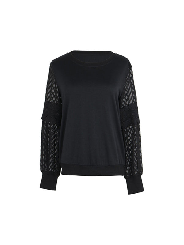 Blouses- Sheer Lace Contrast Pullover - Round Neck Blouse- - IndioGear Fashion and Gear