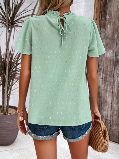 Blouses- Short Flounce Sleeves Blouse - Flowy Swiss Dot Top with Smocked Accents- - IndioGear Fashion and Gear