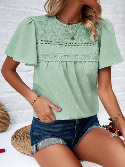 Blouses- Short Flounce Sleeves Blouse - Flowy Swiss Dot Top with Smocked Accents- Fruit green- IndioGear Fashion and Gear