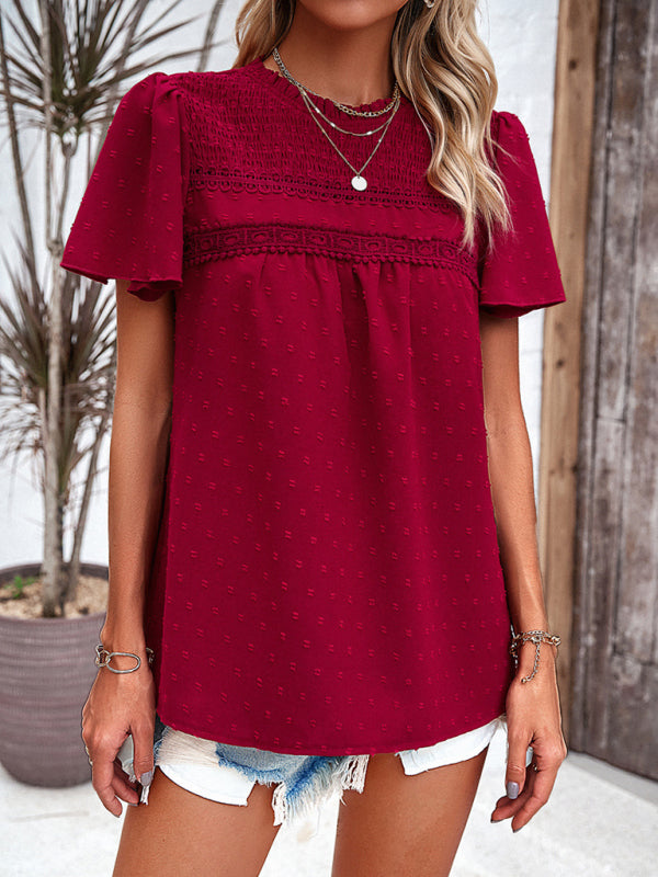 Blouses- Short Flounce Sleeves Blouse - Flowy Swiss Dot Top with Smocked Accents- - IndioGear Fashion and Gear