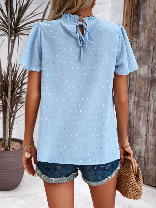 Blouses- Short Flounce Sleeves Blouse - Flowy Swiss Dot Top with Smocked Accents- - IndioGear Fashion and Gear