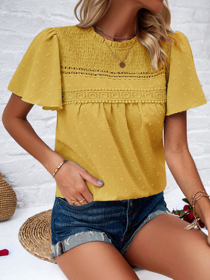 Blouses- Short Flounce Sleeves Blouse - Flowy Swiss Dot Top with Smocked Accents- Yellow- IndioGear Fashion and Gear