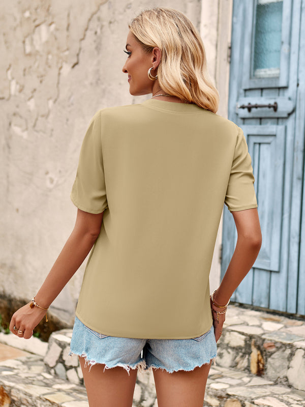 Blouses-Short Sleeve Blouse | Solid V Neck Summer Top-Pekosa Women Clothing