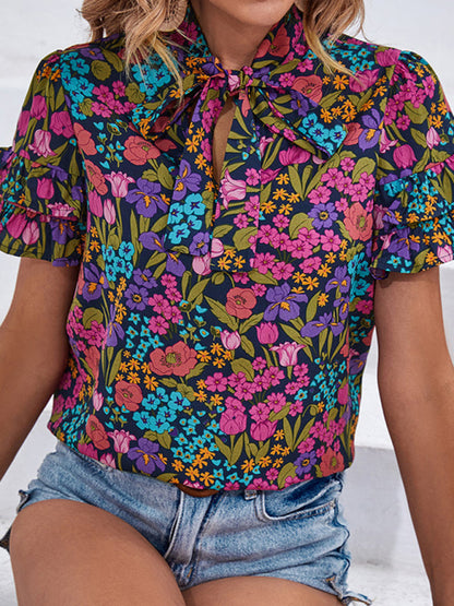 Blouses- Short Sleeves Tie-Front Blouse in Floral Print- - IndioGear Fashion and Gear