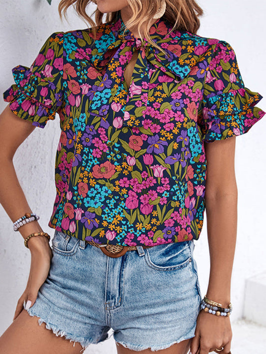 Blouses- Short Sleeves Tie-Front Blouse in Floral Print- Purple- IndioGear Fashion and Gear