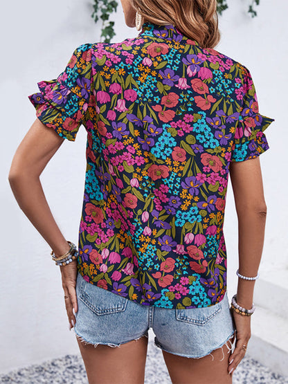 Blouses- Short Sleeves Tie-Front Blouse in Floral Print- - IndioGear Fashion and Gear