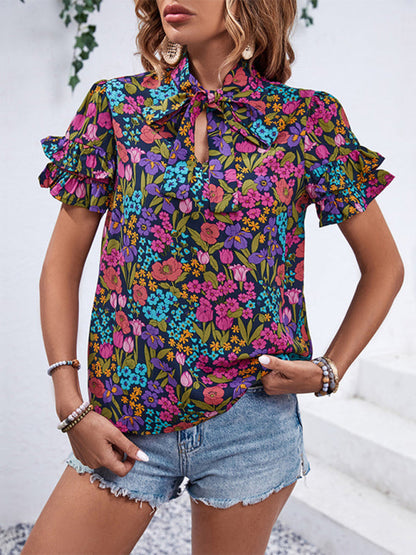 Blouses- Short Sleeves Tie-Front Blouse in Floral Print- - IndioGear Fashion and Gear