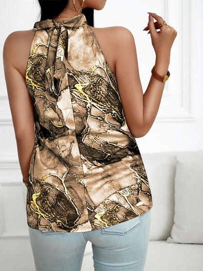 Blouses- Sleeveless Halterneck Blouse | Abstract Print and Knotted Back Top- - IndioGear Fashion and Gear