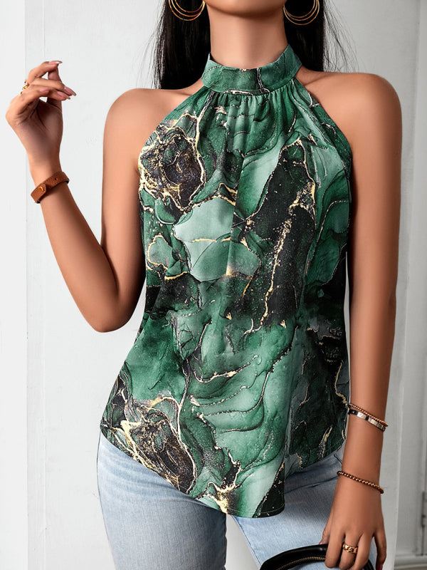 Blouses- Sleeveless Halterneck Blouse | Abstract Print and Knotted Back Top- - IndioGear Fashion and Gear