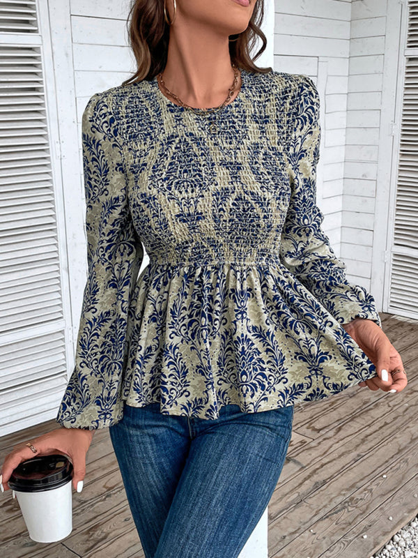 Blouses- Smocked Bodice Long Sleeve Blouse in Floral Print | Peplum Top- - IndioGear Fashion and Gear