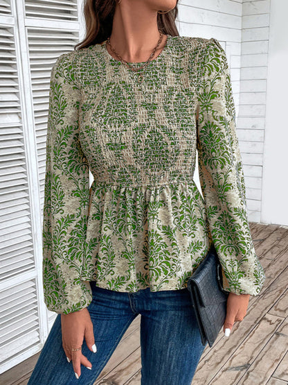 Blouses- Smocked Bodice Long Sleeve Blouse in Floral Print | Peplum Top- - IndioGear Fashion and Gear